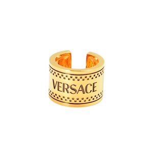 Versace Gold Color Metal Logo Engraved Statement Cuff Ring Sz 19